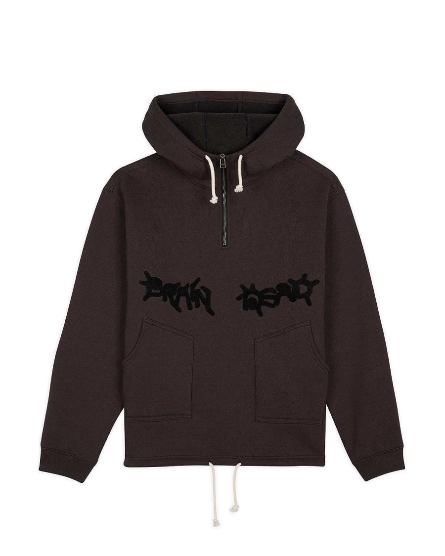 Brain Dead Embroidered Half Zip Hoodie - Black Chenille Pullover