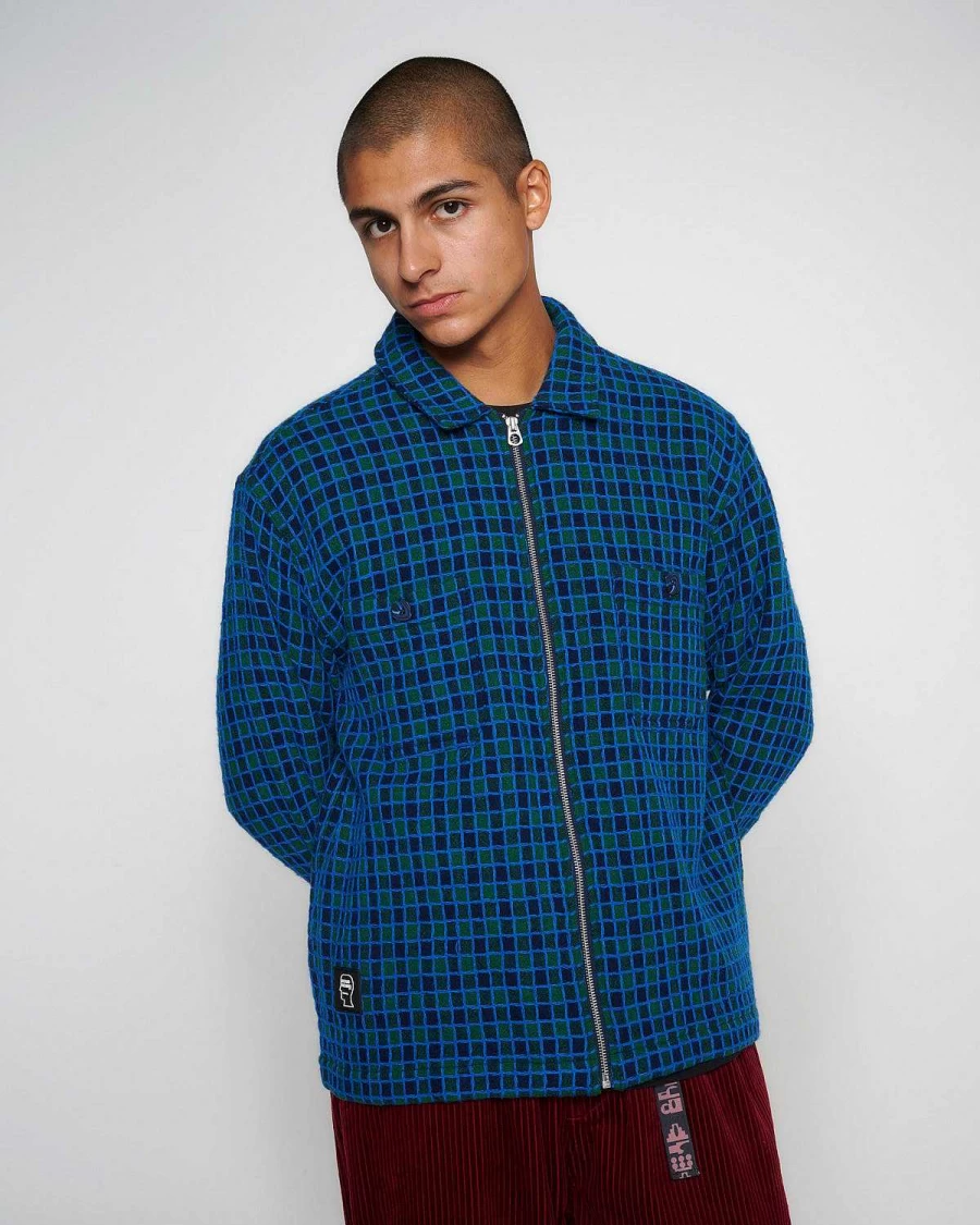 Brain Dead Navy Check Mate Plaid Flannel Zip-Up Shirt | Men's Casual Streetwear