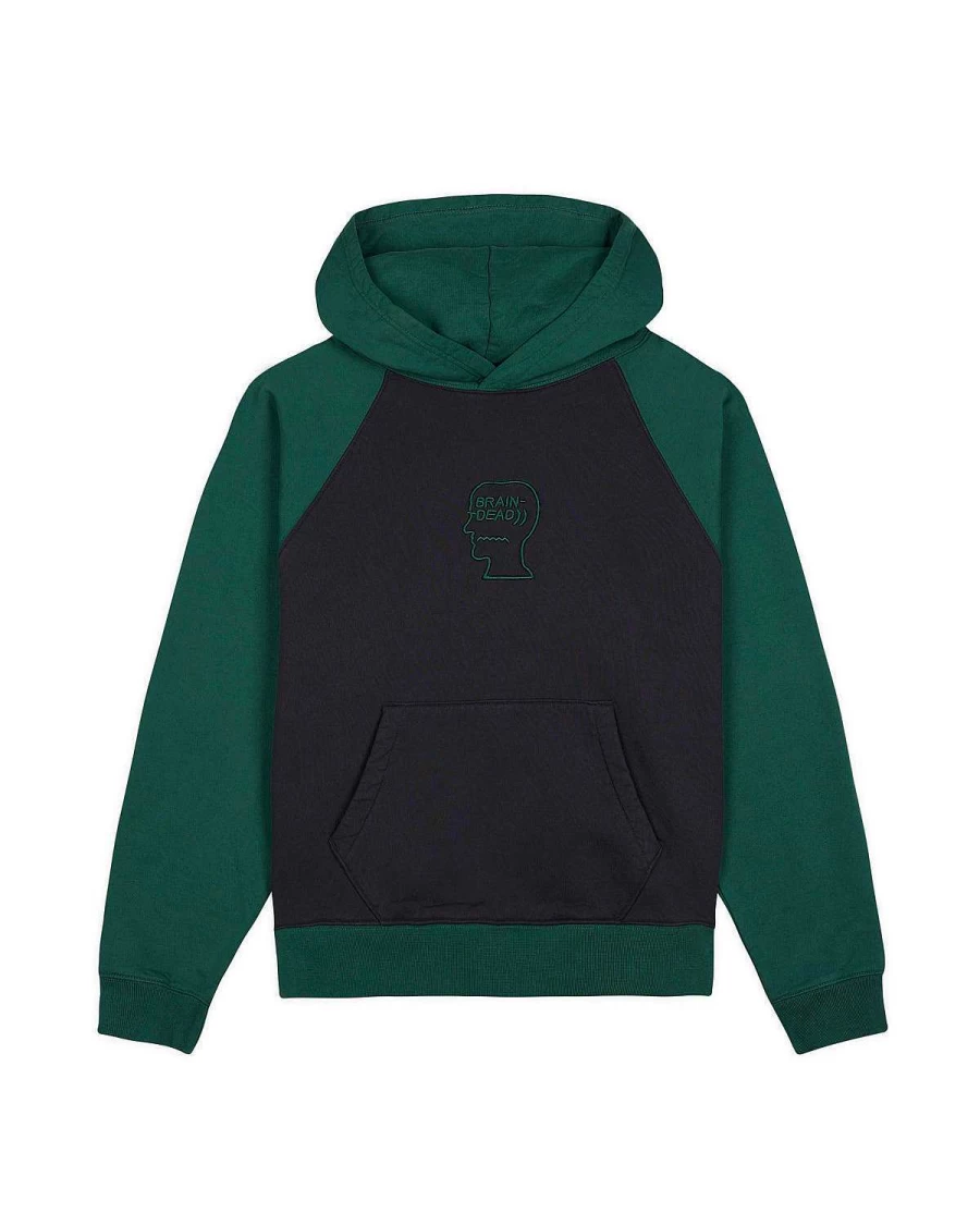 Brain Dead Raglan Hoodie with Pigment Wash Logo - Navy/Green Colorway Streetwear Pullover