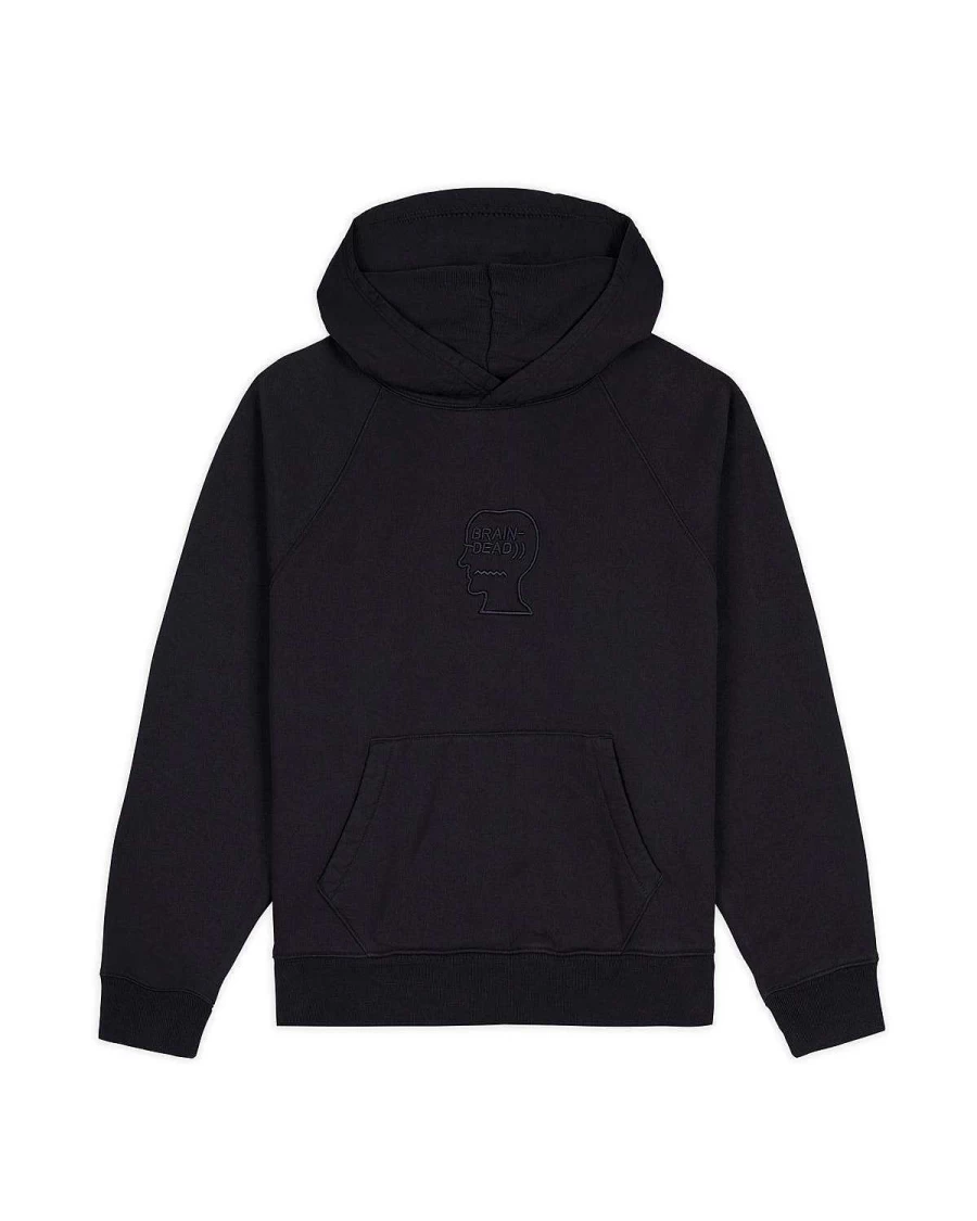 Brain Dead Black Raglan Sleeve Hoodie with Logo Print & Pigment Wash Design
