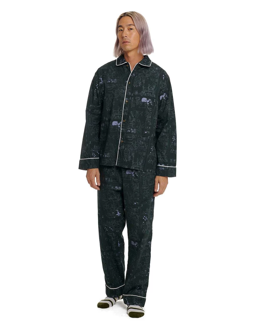 Brain Dead Hedgehog Print Pajama Pants - Men's/Women's Forest Green/Olive Green Sleepwear