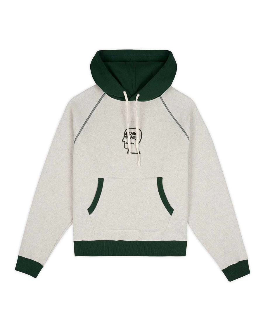 Brain Dead Embroidered Logo Fleece Hoodie Raglan Sweatshirt - Oatmeal & Green Pullover