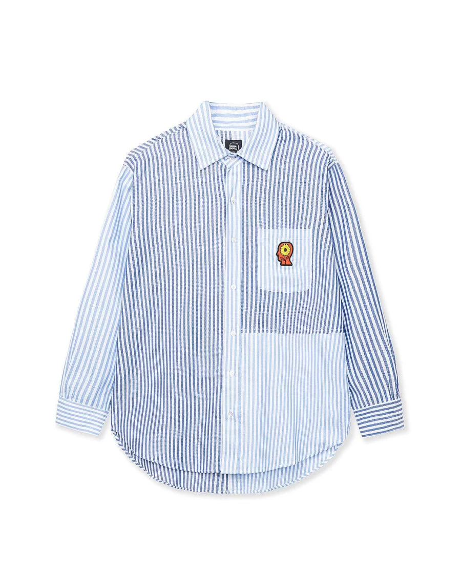 Brain Dead Men's Blue & White Sunflower Paneled Oxford Button-Up Shirt