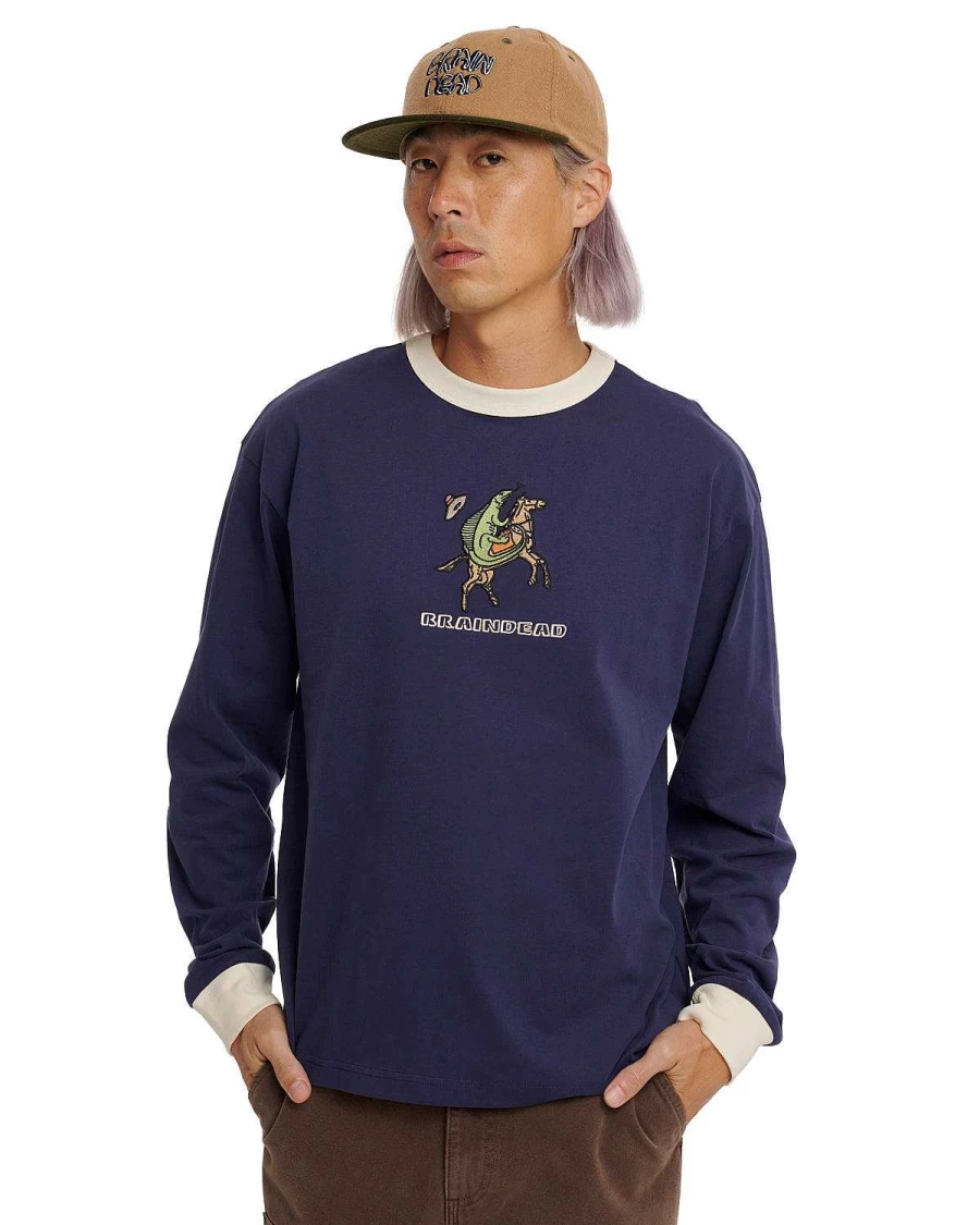 Brain Dead Navy Long Sleeve Ringer T-Shirt | Crewneck Streetwear Top