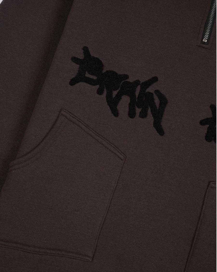 Brain Dead Embroidered Half Zip Hoodie - Black Chenille Pullover