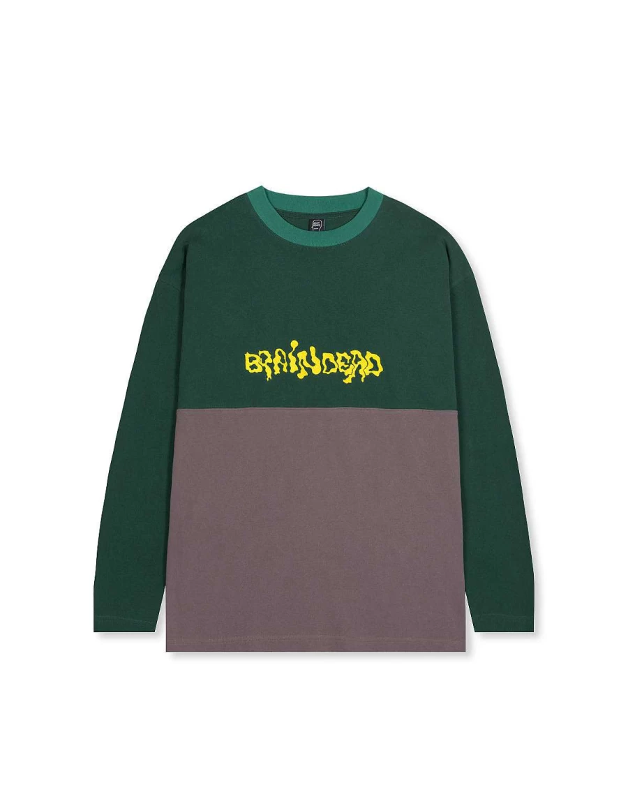 Brain Dead Embroidered Football Shirt Long Sleeve Top - Forest Green Crewneck Jersey