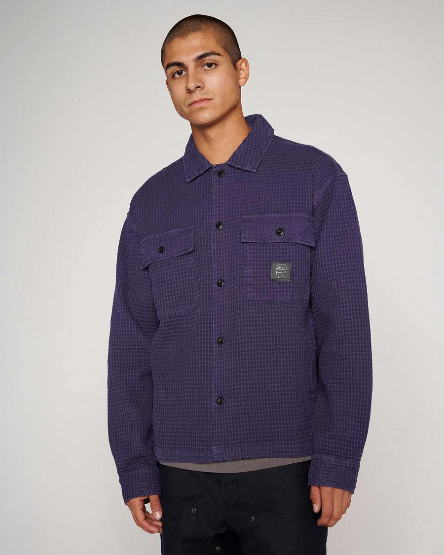 Brain Dead Men's Navy Waffle Button-Up Shirt | Casual Long Sleeve Crewneck Top