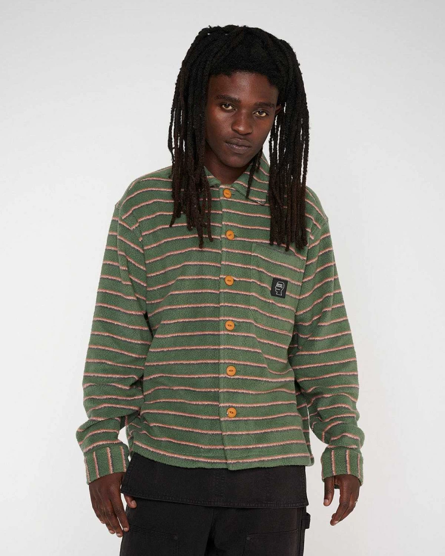 Brain Dead Green & Multi-Color Striped Micro Sherpa Overshirt Fleece Jacket