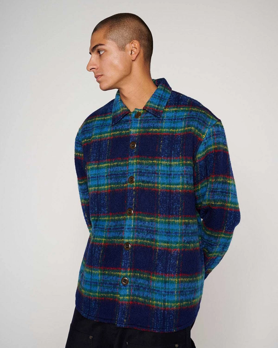 Brain Dead Navy Brushed Flannel Shirt Jacket - Rancher Style Plaid Coat