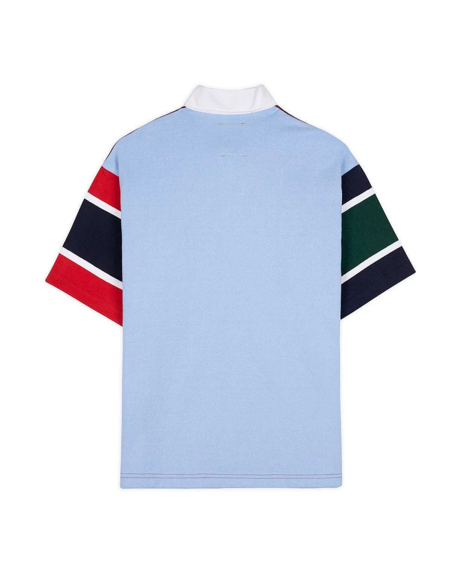 Brain Dead Men's Burgundy Multi Short Sleeve Rugby Shirt | Casual Stripe Crewneck Top