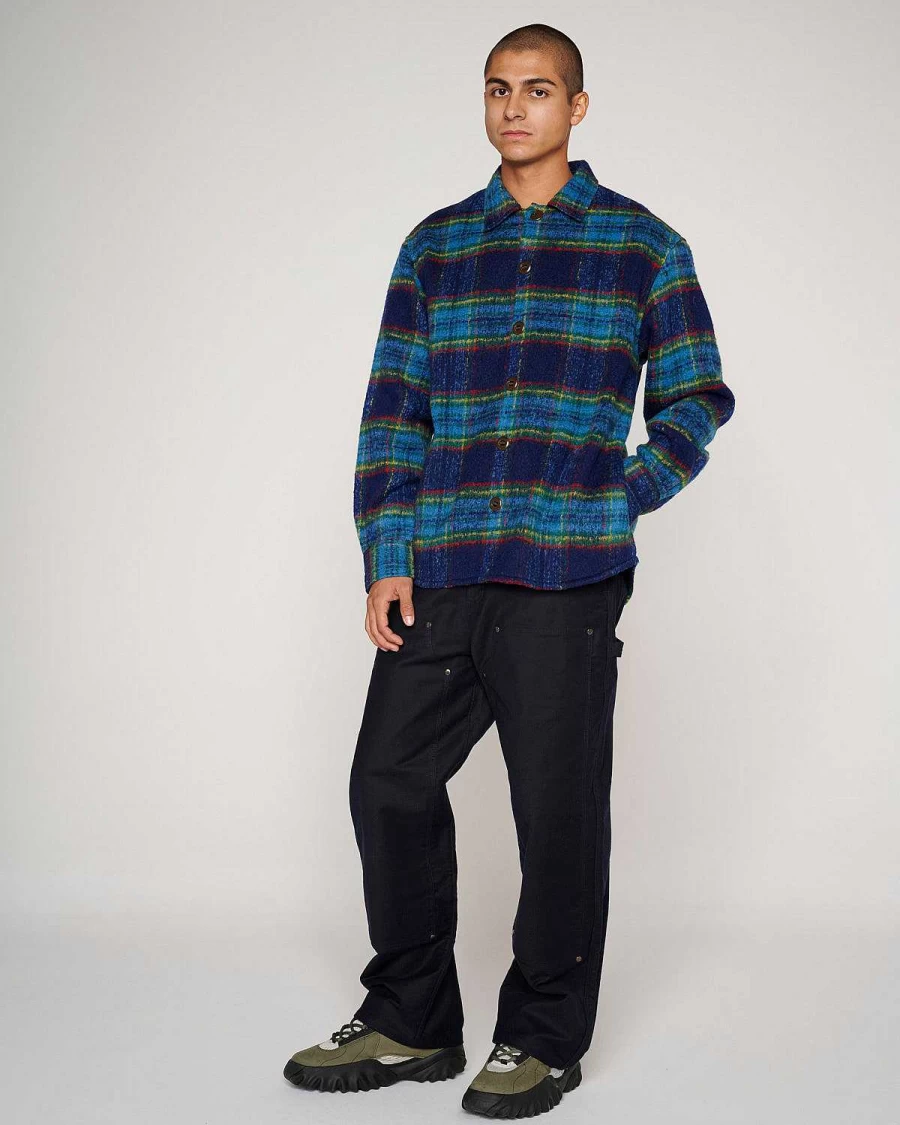 Brain Dead Navy Brushed Flannel Shirt Jacket - Rancher Style Plaid Coat