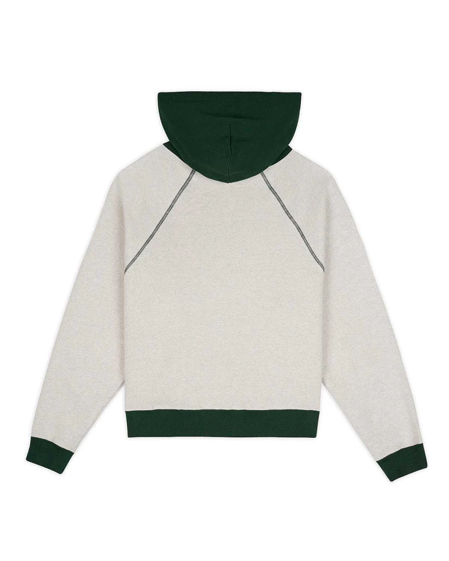 Brain Dead Embroidered Logo Fleece Hoodie Raglan Sweatshirt - Oatmeal & Green Pullover