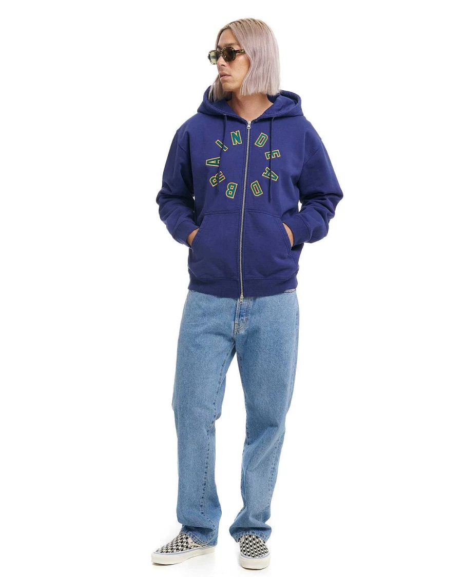 Brain Dead Collegiate Navy Zip Up Hoodie | Streetwear Crewneck Pullover Sweatshirt