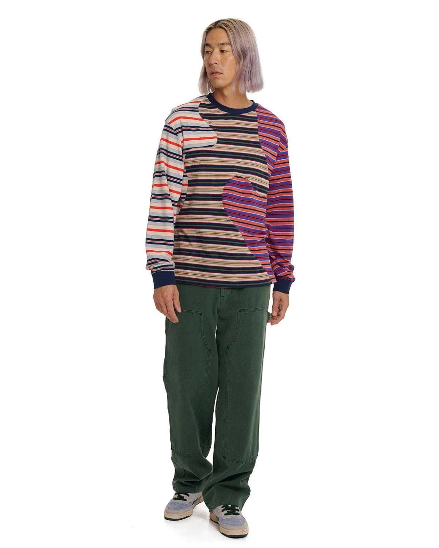 Brain Dead Navy Multi Striped Long Sleeve Shirt - 92% Organic Cotton Paneled Design