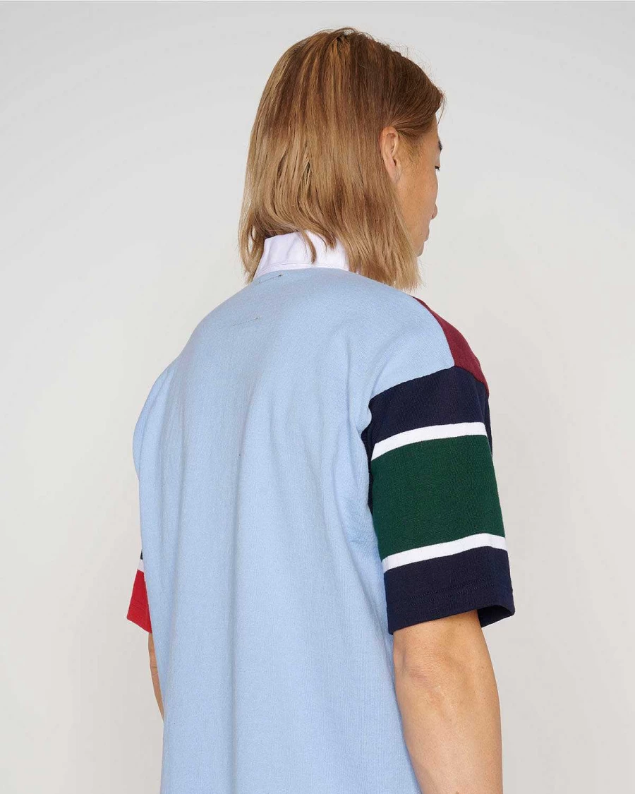 Brain Dead Men's Burgundy Multi Short Sleeve Rugby Shirt | Casual Stripe Crewneck Top