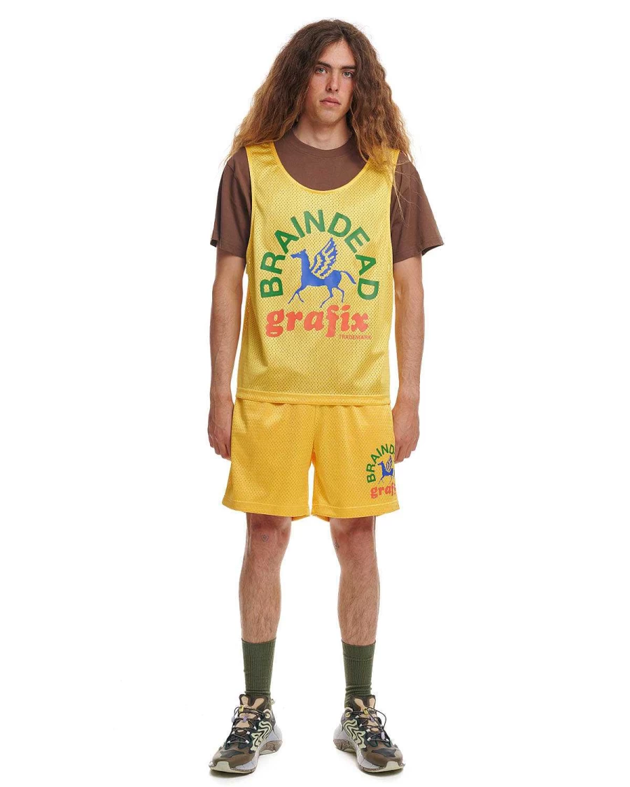 Brain Dead Yellow Grafix Team Shorts | Casual Streetwear Graphic Print Men's Apparel