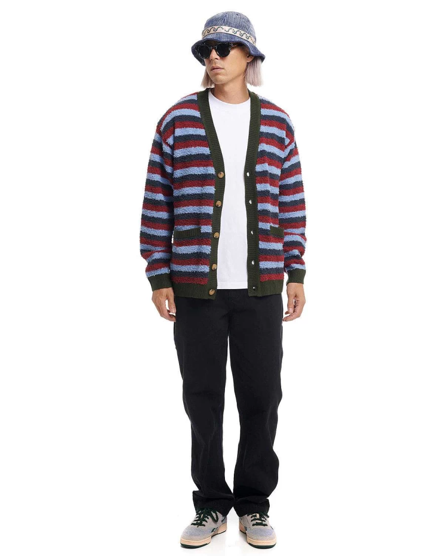 Brain Dead Blue Multi Striped Teddy Fur Cardigan Cozy Knitwear