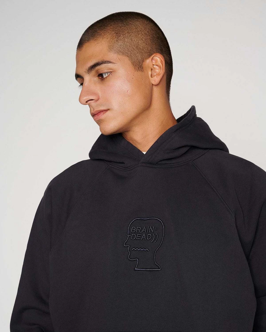 Brain Dead Black Raglan Sleeve Hoodie with Logo Print & Pigment Wash Design