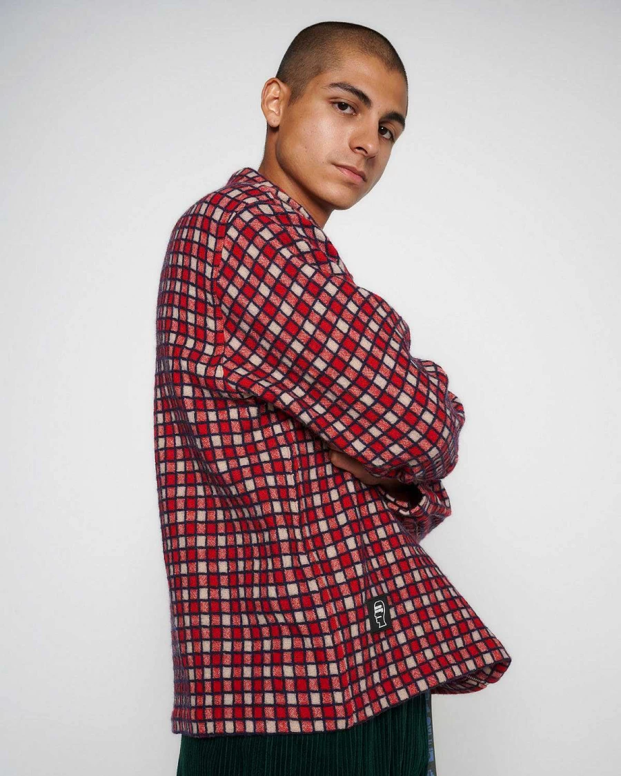 Brain Dead Red Checkered Flannel Zip-Up Shirt for Men | Plaid Streetwear Top